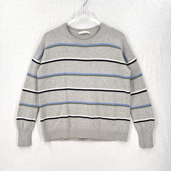 ONE GREY DAY Sweater Women Small Gray Crew Neck Oversized Cotton Pullover Stripe - Picture 1 of 10